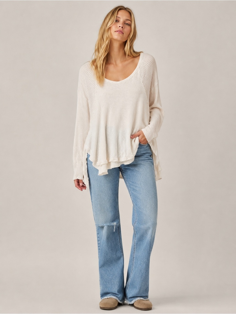 Free People Oversized Waffle Knit Thermal Tunic Top – Ivory – Size Large